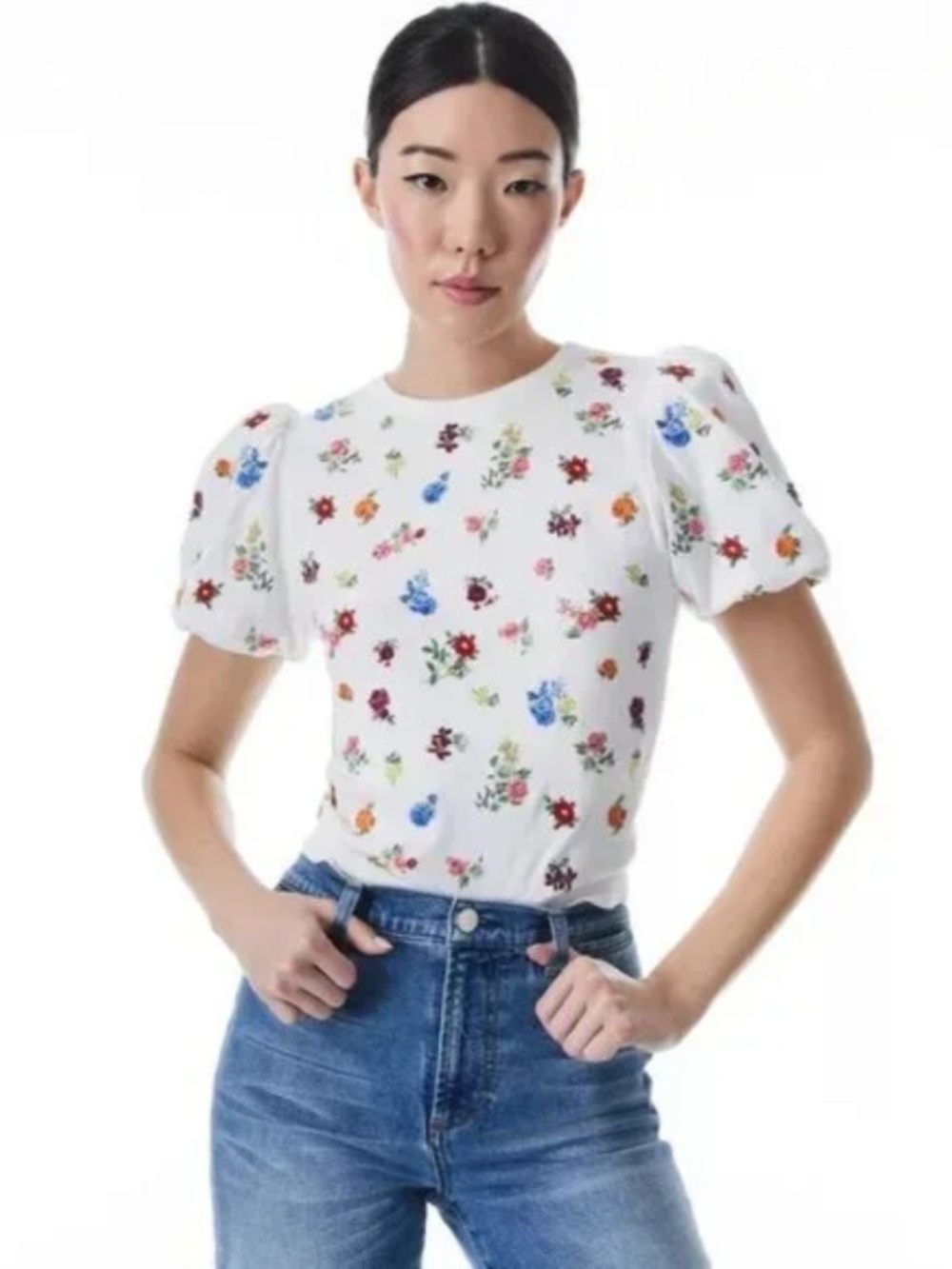 Alice+ Olivia Risa Embroidery Puff Sleeve Sweater Top size M